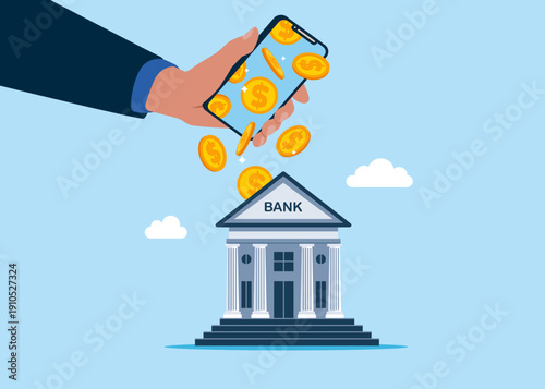Dollar coins fall from a smartphone in bank house money savings. Flat vector illustration. 