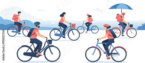 Diverse individuals enjoy cycling near a body of water with a distant horizon