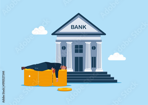 Businessman sleeping on a pile of coins and a bank. Finance, saving money.  Modern flat vector illustration