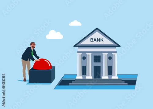 Businessman presses the start red button. Push start to open door and to see piggy bank with coins. Flat vector illustration 