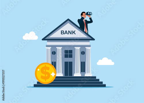 Businessman on the roof bank using binoculars to see money savings. Vector illustration