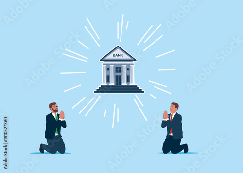 Businessmen prays for bank. Worship of money. Modern vector illustration in flat style