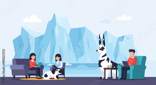 Figures work remotely from home with a dog and a llama