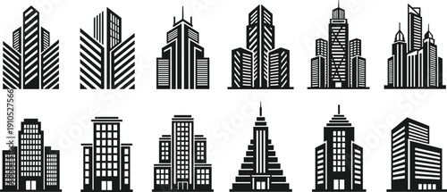 Black Silhouette Vector Set of Modern City Buildings Skyscrapers and Corporate Office Towers for Urban Architecture Design Real Estate
