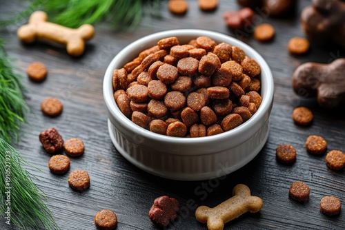 Wallpaper Mural bowl of dry dog kibble and bone-shaped biscuits on dark wooden table with green sprigs, scattered pieces and warm inviting cozy mood Torontodigital.ca