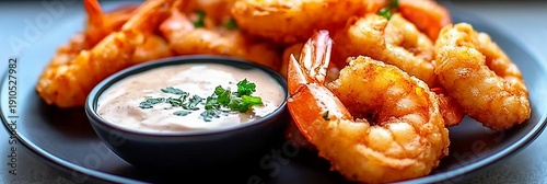 Panel kuchenny z motywem Crispy Fried Shrimp Tempura Served on a Plate with Creamy Dipping Sauce and Fresh Garnish