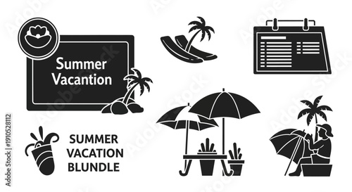 Black and white summer vacation icons and symbols bundle with palm trees and beach umbrellas on white background