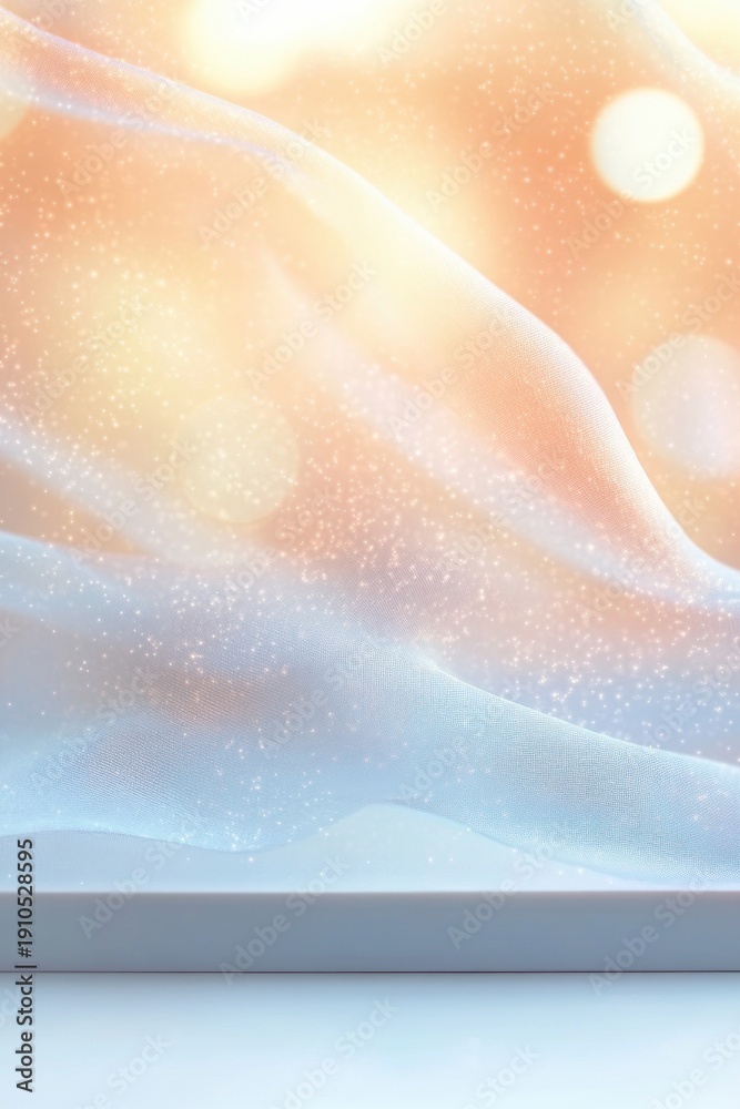 Fototapeta premium Dreamy translucent fabric waves in pastel peach and blue with sparkling particles, soft bokeh lights and a calm luminous display surface