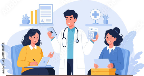 Doctor consults patients, explaining medication and treatment plans