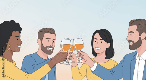 Diverse group of friends toasting with wine glasses, celebrating an occasion