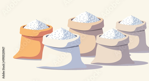 Five burlap sacks filled with white granular material are artistically arranged