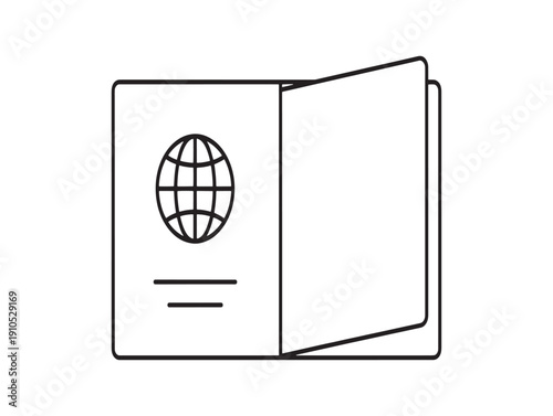 A line drawing of an open passport with a globe on the cover