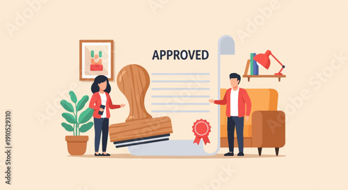Document approval with stamp, people, office decor, and furniture
