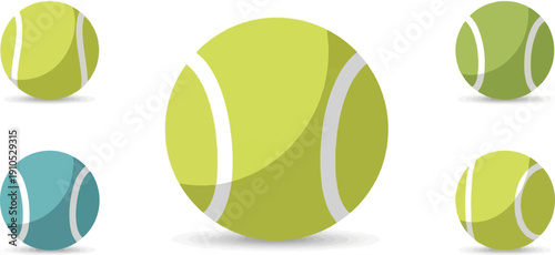 Five colorful tennis balls, each with distinctive shading