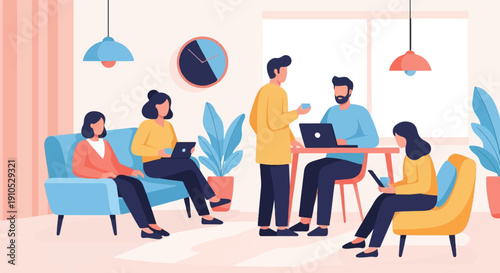 Diverse people collaborate in a modern office space with laptops and plants