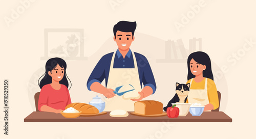 Family and pet bake bread together in a cozy kitchen setting