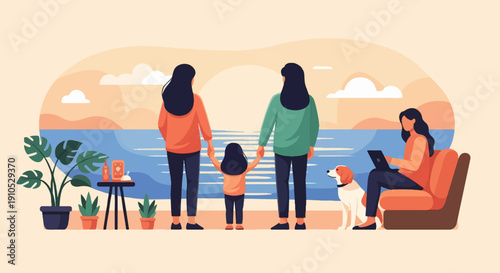 Family and dog enjoying a serene seaside view at sunset