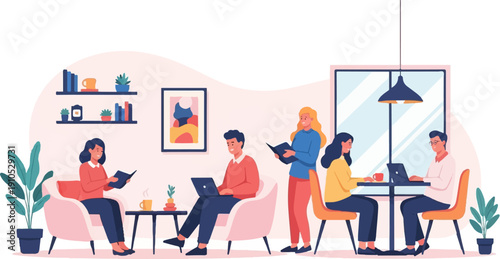 Diverse people engaged in learning and working in a cozy, modern indoor space