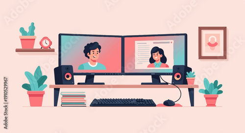 Duo monitor setup with video calls, plants, and desk accessories