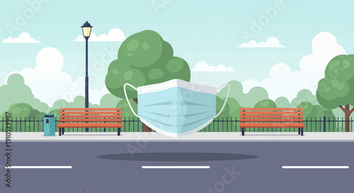 Face mask on an empty park bench with trees and clouds