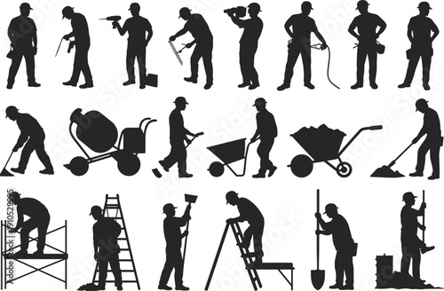 Construction worker silhouette set, builders with tools and equipment, laborer poses with wheelbarrow, ladder, drilling machine, repair and renovation concept