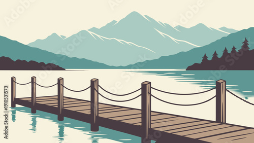 A tranquil lakeside illustration: a wooden dock stretches into calm water, reflecting snowy mountains and evergreen forests in muted blues and greens.
