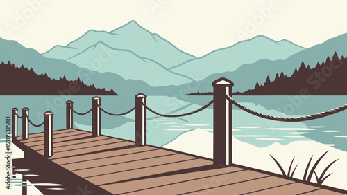 A peaceful lakeside scene. It features a wooden pier with rope railings in the foreground, leading the eye toward a calm body of water that reflects the surrounding landscape.