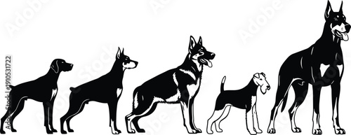 Black dog breed silhouette vector illustrations, diverse sizes and shapes, creative pet art designs, animal posture graphics, tattoo inspiration, logo elements