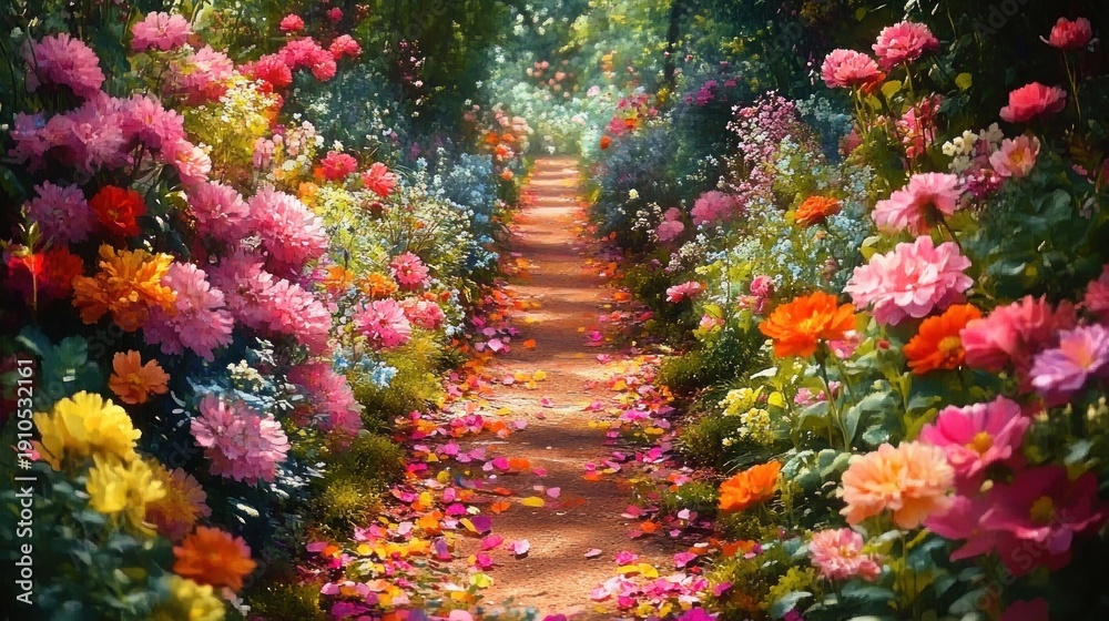 Fototapeta premium sun-dappled garden path lined with vibrant pink, orange, and yellow blooming flowers and scattered petals, evoking a peaceful, romantic, enchanting atmosphere