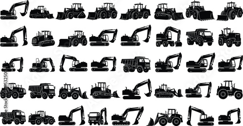 Black Silhouette Collection of Heavy Construction Machinery Equipment Vector Set Including Excavators Bulldozers Dump Trucks