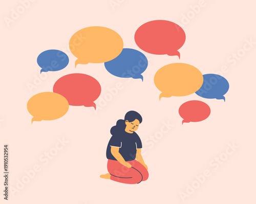 Sad school girl suffers from psychological abuse. Depressed child surrounded by big aggressive speech bubbles. Public censure and victim-blaming. Bullying concept. vector illustration