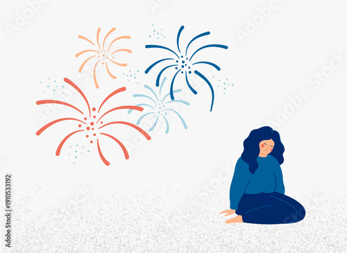 woman Losing interest in life and ability to feel pleasure. Sad girl, don't look up at the fireworks. anhedonia, Mental burnout, depression, psychological personality disorder. vector illustration