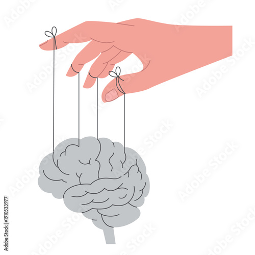 Human Brain Controlled Like Puppet Concept Illustration.  Controlling Human Brain Concept. Brain on Strings – Stress and Mental Pressure Concept