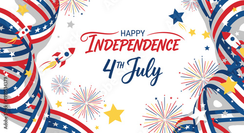 Happy Independence Day 4th July vector illustration with fireworks and ribbons, for banner or poster