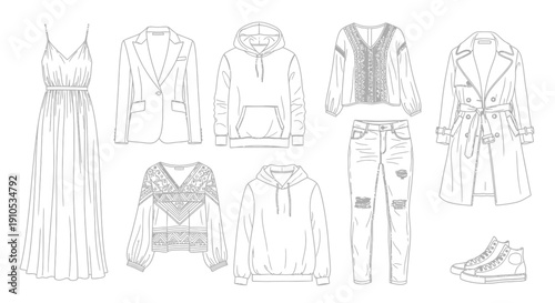Fashion sketches collection of women's casual clothing: dress, blazer, hoodies, blouses, jeans, trench coat, sneakers. Line art apparel.