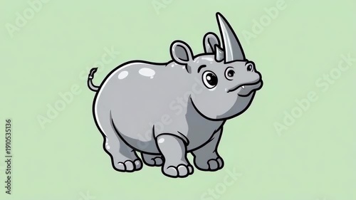 Cartoon Rhino Illustration on Light Green Background.