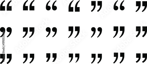 Black quotation mark and apostrophe icon set in multiple modern styles, solid vector punctuation symbols isolated on light background for typography use