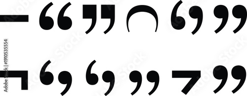 Black quotation mark, apostrophe and punctuation symbol set in bold modern styles, solid vector quote icons isolated on light background for typography