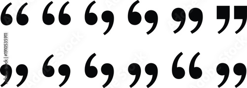 Black quotation marks and comma apostrophe symbol set in rounded bold styles, solid vector punctuation icons isolated on light background for typography design