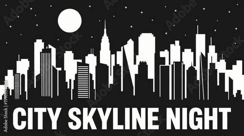 night city skyline landscape with full moon and visible stars above dark urban horizon showing celestial astronomy galaxy environment