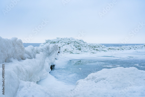 Stacked Ice Floes on the Baltic Coast of Usedom with Ice Covered Groynes