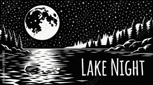 night lake landscape with full moon reflection and starry sky across calm water under dark celestial astronomy galaxy horizon