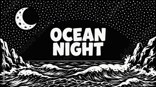 night ocean landscape with bright moon reflection and star filled sky over dark sea horizon black and white showing celestial astronomy galaxy environment