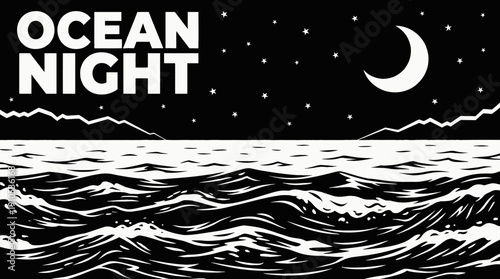 night ocean landscape with bright moon reflection and star filled sky over dark sea horizon black and white showing celestial astronomy galaxy environment