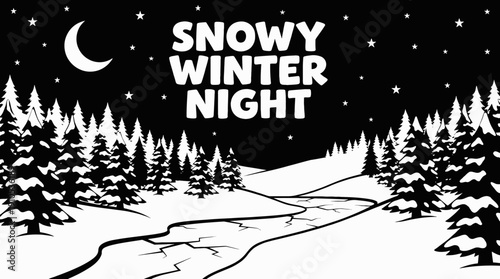 night winter snow landscape with bright moon and clear stars across dark sky above frozen forest horizon showing celestial astronomy galaxy environment