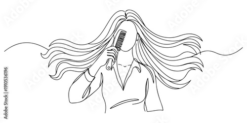 Continuous one line of a woman combing her long flowing hair, symbolizing grooming and self-love, drawn illustration.