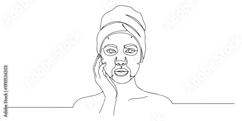 Continuous one line of a woman wearing a facial sheet mask, representing modern skincare rituals, drawn illustration.