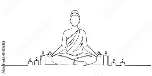 Continuous one line of a person meditating with candles around, representing inner beauty and balance, drawn illustration.