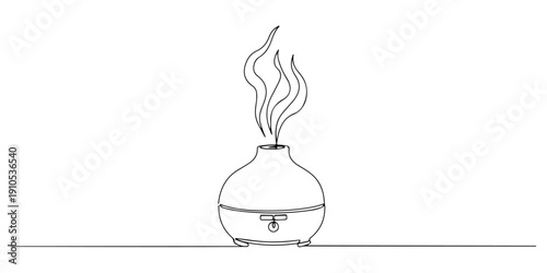 Continuous one line of an aromatherapy diffuser with rising steam, symbolizing relaxation and ambiance, drawn illustration.