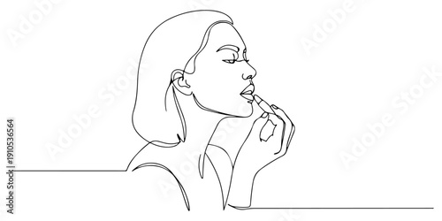 Continuous one line of a woman applying lipstick, symbolizing elegance and self-expression, drawn illustration.